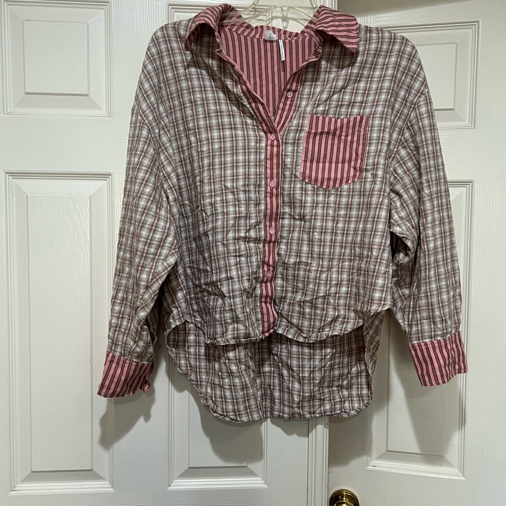 UO Out From Under Noah Spliced Plaid Cotton Relaxed Pajama Top‎ Pink Size Medium